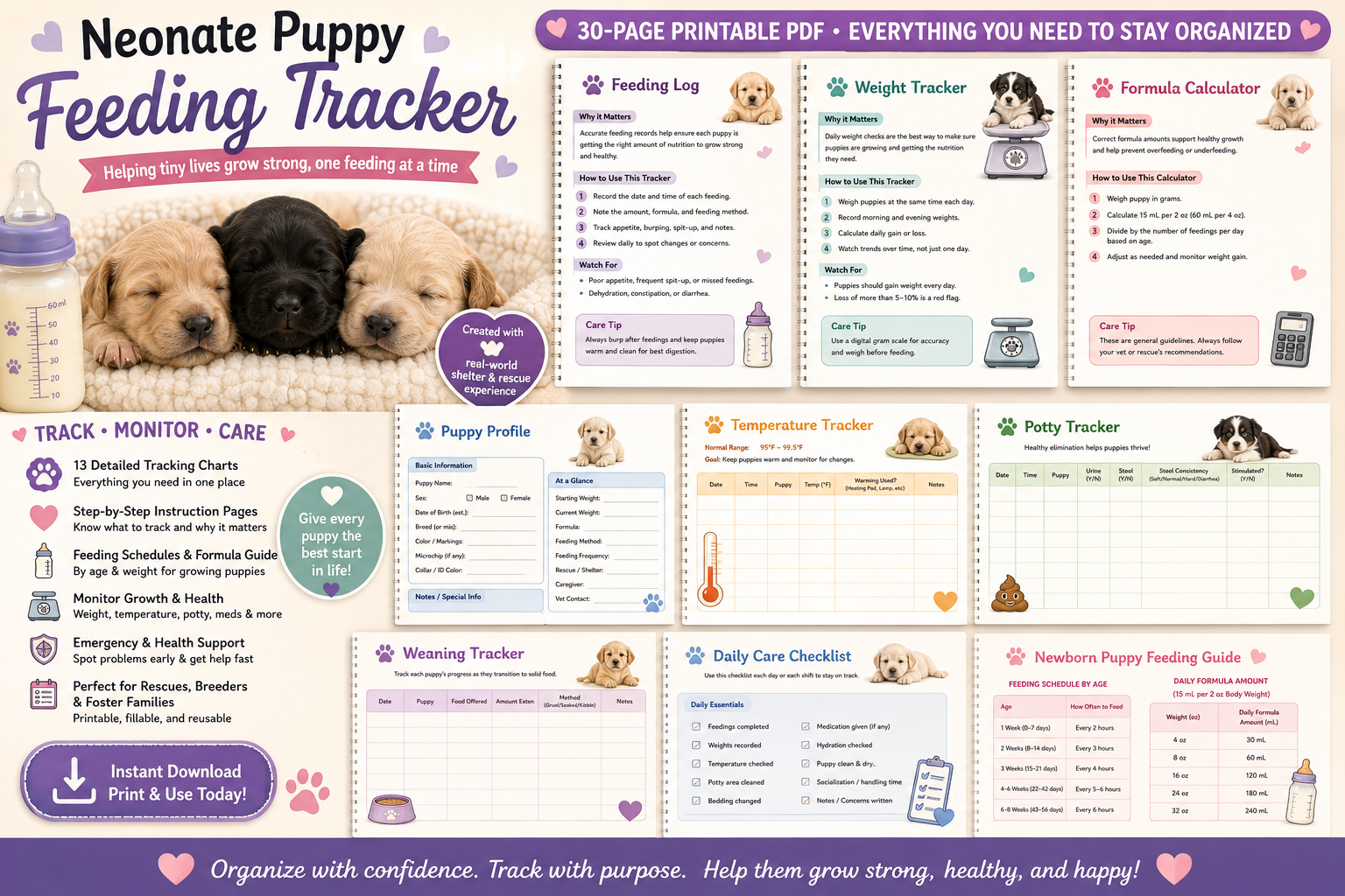 Neonate Puppy Care & Feeding Tracker — printable foster pet resource
