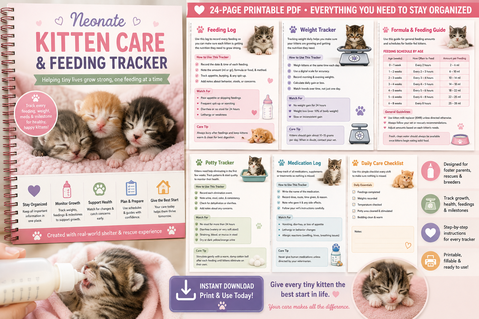 Neonate Kitten Care & Feeding Tracker — printable foster pet resource