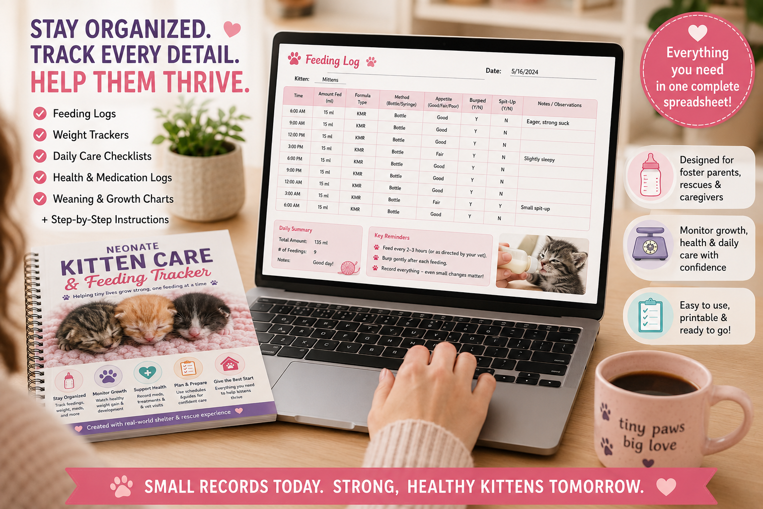 Neonate Kitten Feeding Tracker spreadsheet for foster kitten care records