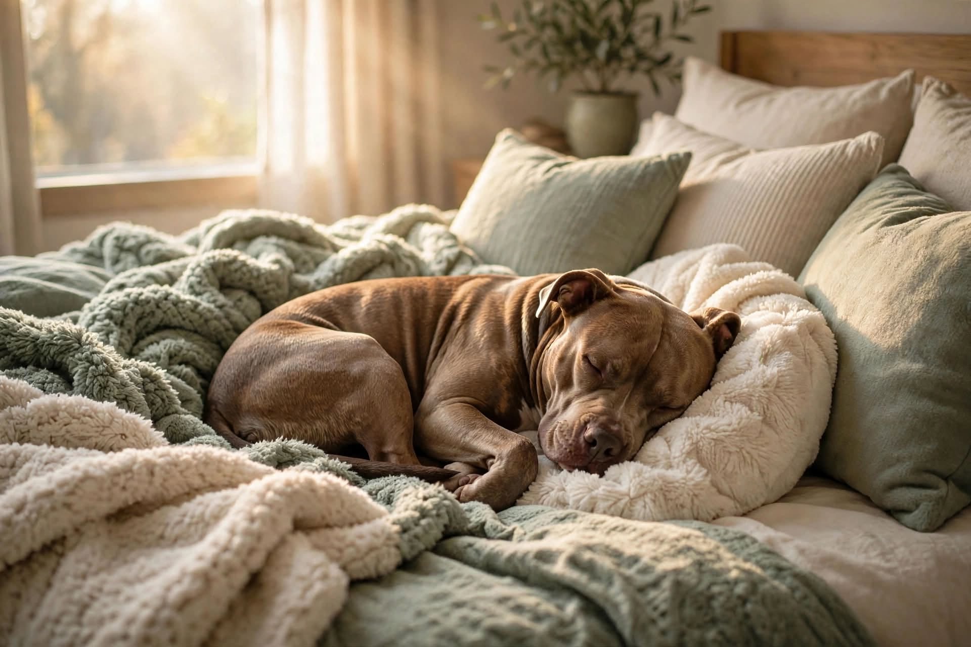 A brown dog curled up asleep on a cozy bed with sage-green and cream blankets
