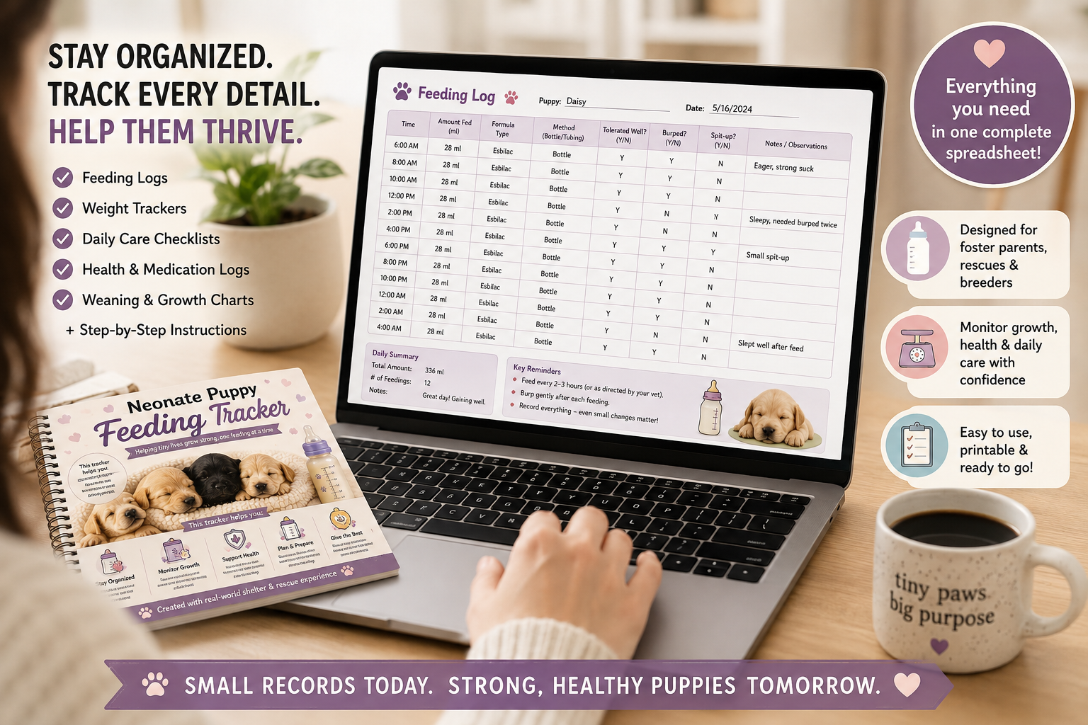 Neonate Puppy Feeding Tracker spreadsheet bundle for puppy care records